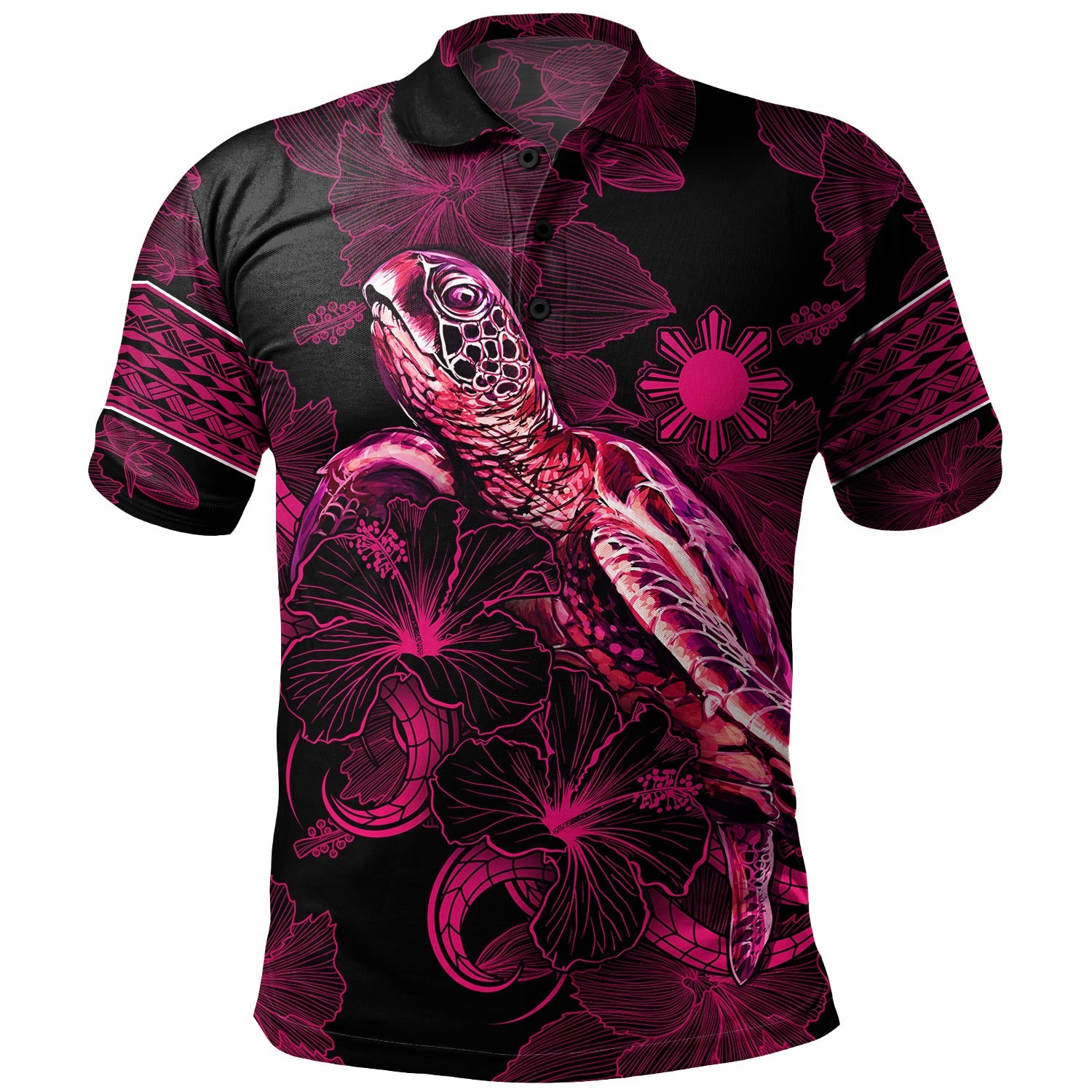 Philippines Filipinos Polo Shirt Sea Turtle With Blooming Hibiscus Flowers Tribal Maroon