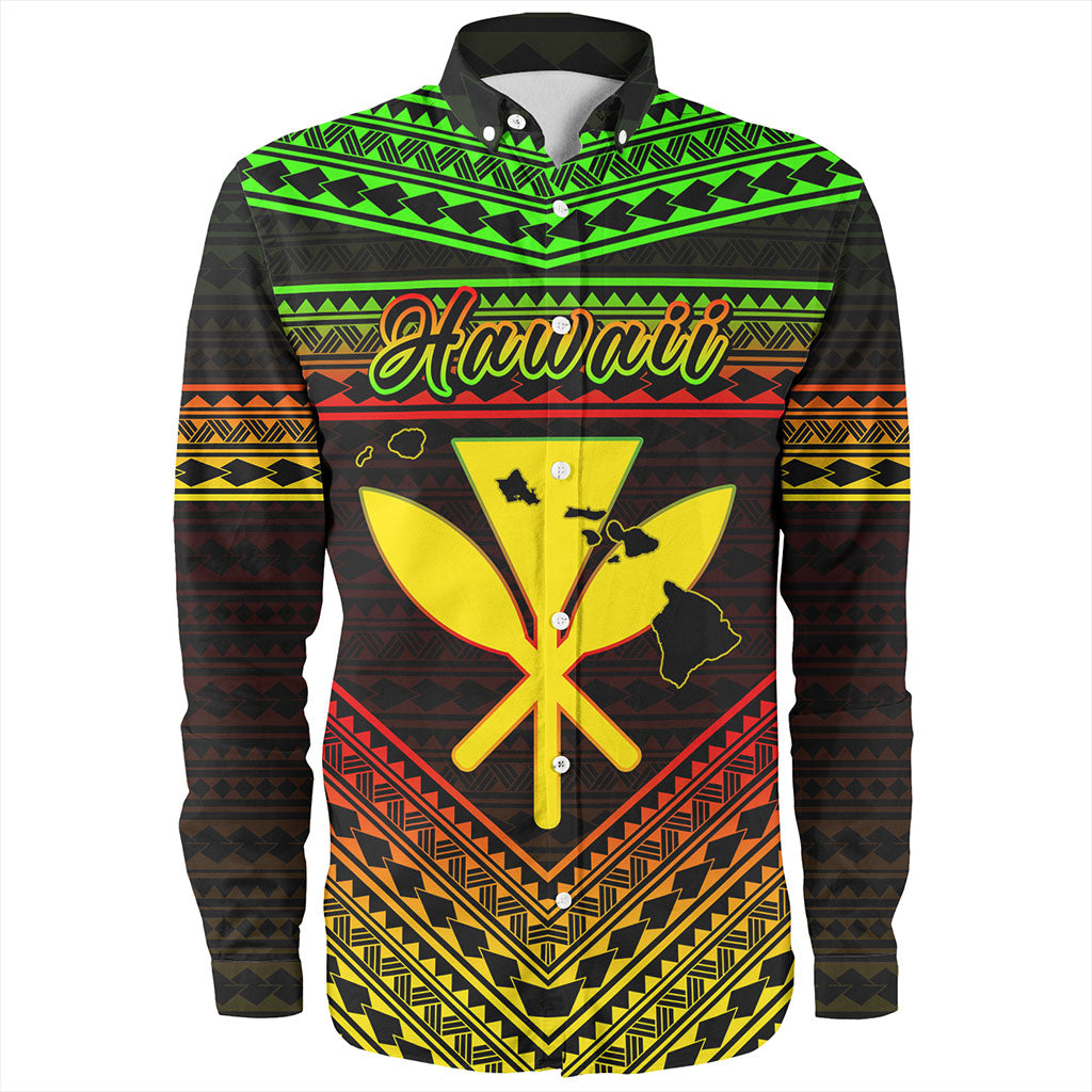 Hawaii Long Sleeve Shirt Polynesian Pattern With Map And Coat Of Arms