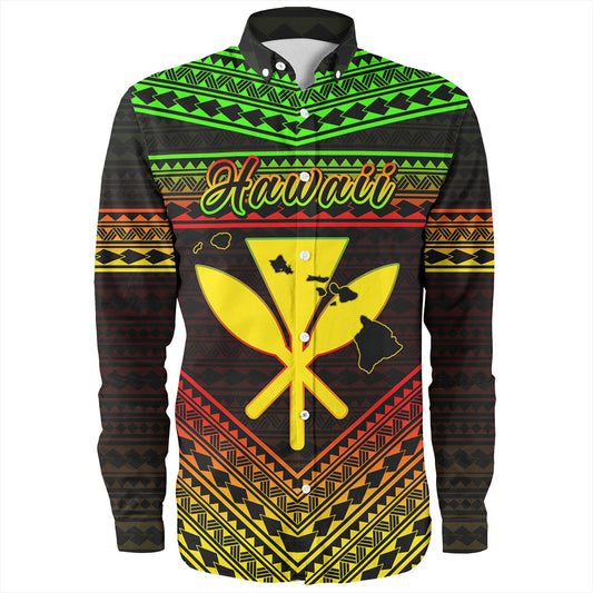 Hawaii Long Sleeve Shirt Polynesian Pattern With Map And Coat Of Arms