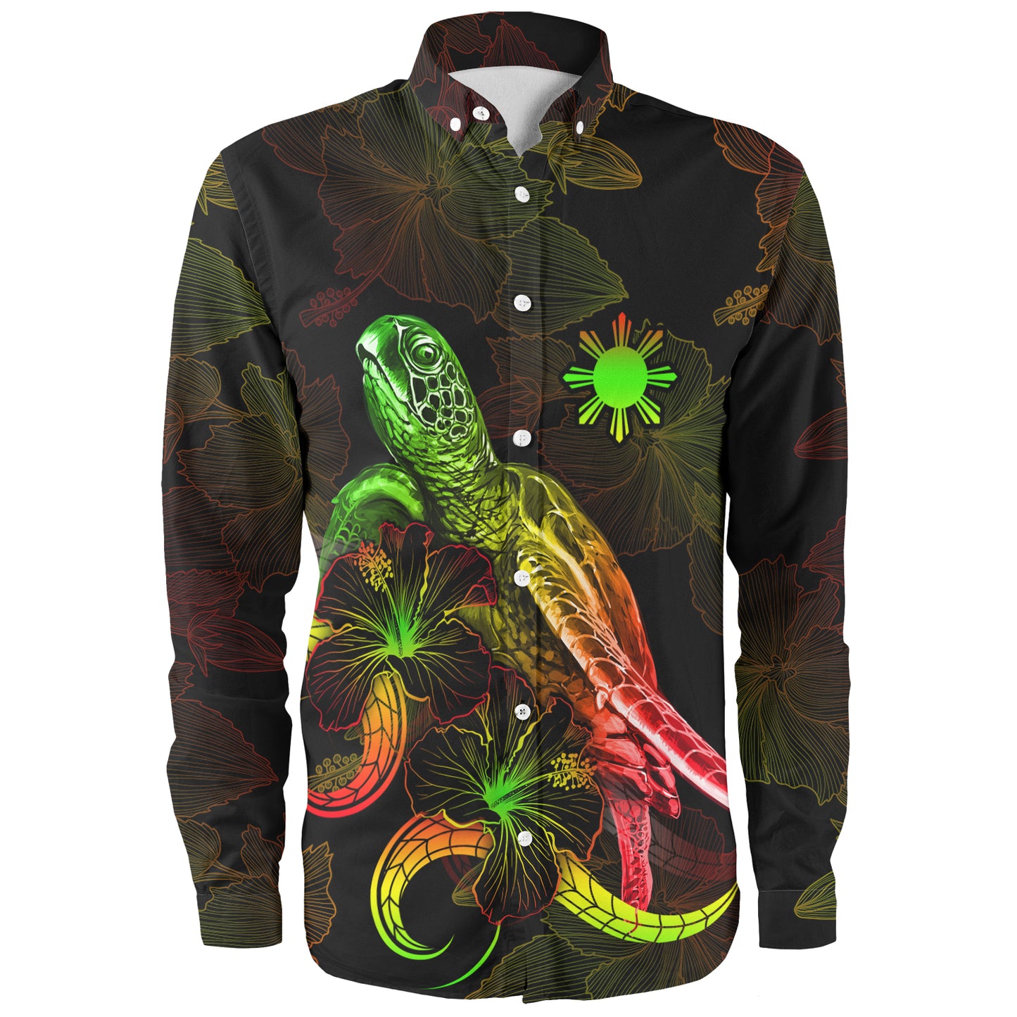 Philippines Filipinos Long Sleeve Shirt Sea Turtle With Blooming Hibiscus Flowers Reggae
