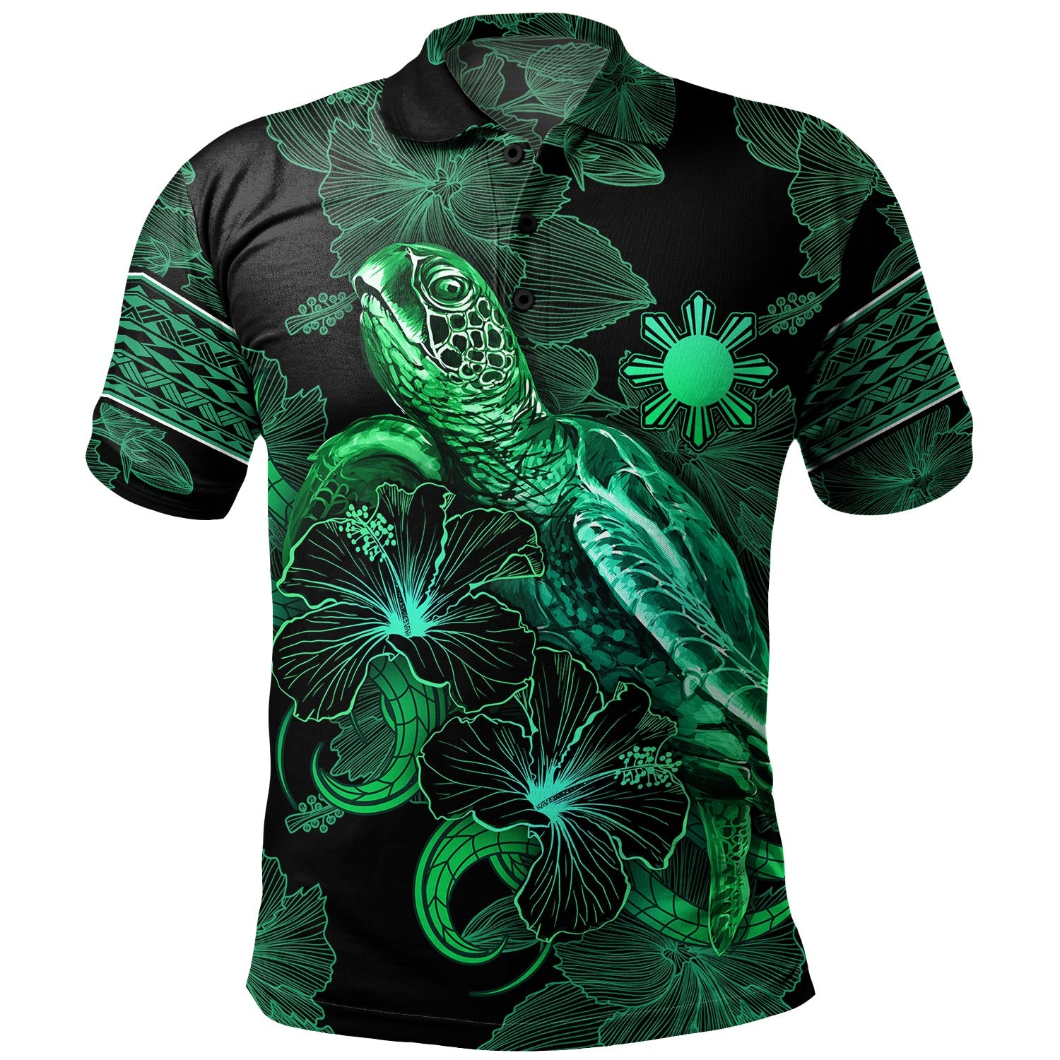 Philippines Filipinos Polo Shirt  Sea Turtle With Blooming Hibiscus Flowers Tribal Green