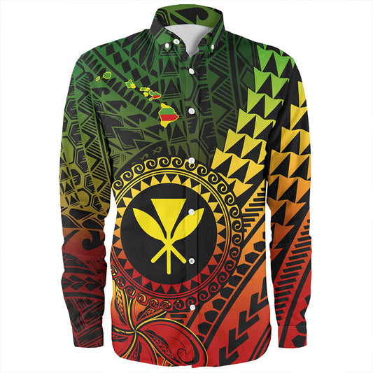Hawaii Long Sleeve Shirt Polynesian Style With Coat Of Arms And Map