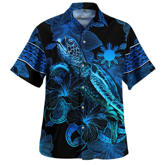 Philippines Filipinos Hawaiian Shirt Sea Turtle With Blooming Hibiscus Flowers Tribal Blue