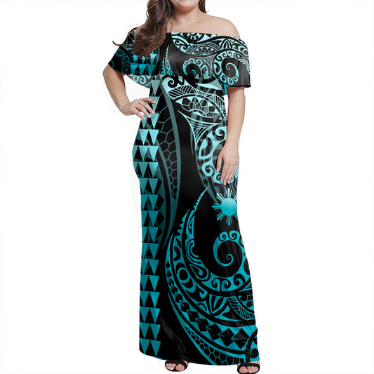 Philippines Filipinos Women Off Shoulder Dress Coat Of Arms Kakau Style Turquoise