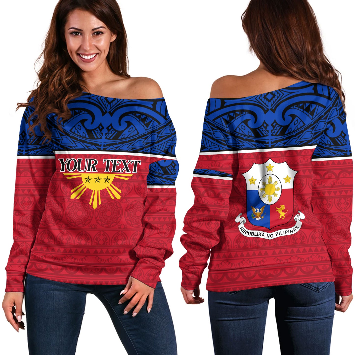 Philippines Filipinos Custom Personalised Off Shoulder Sweatshirt Coat Of Arms Tribal Patterns Style