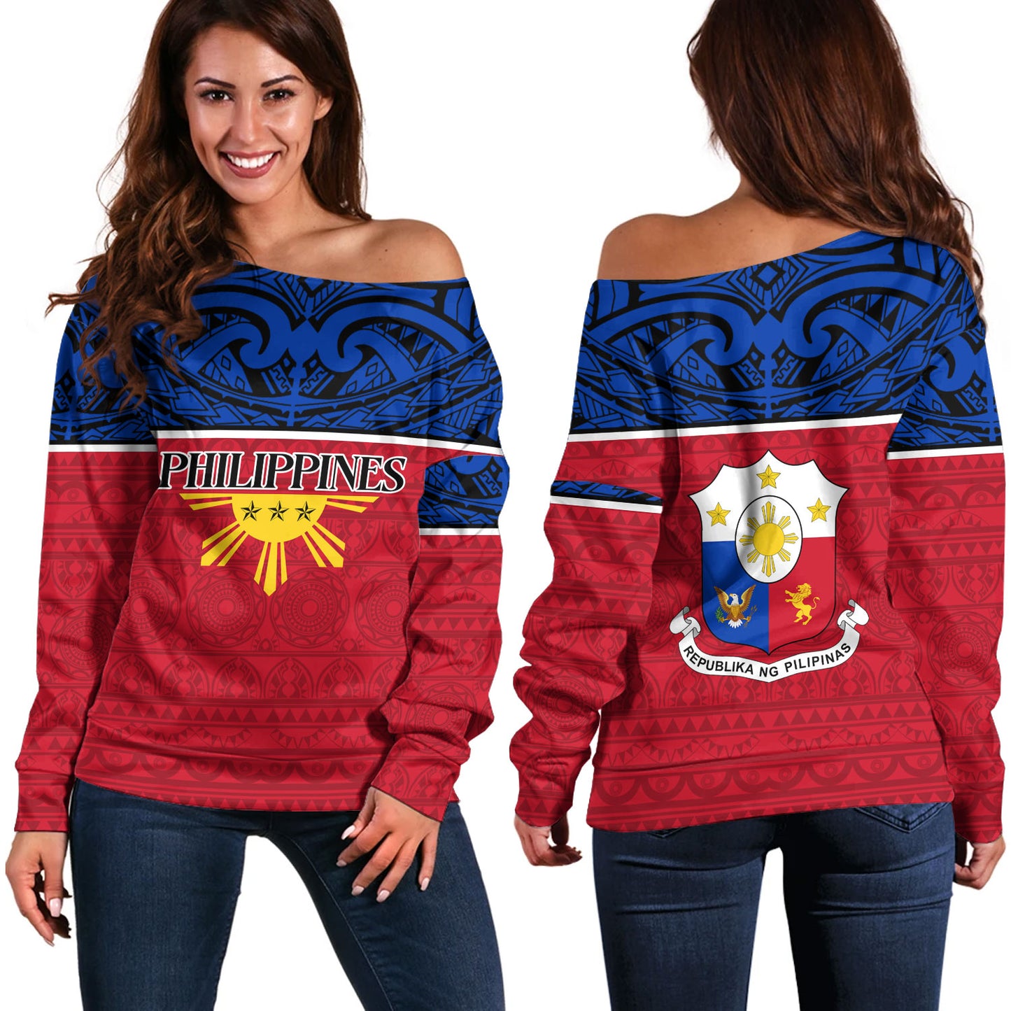 Philippines Filipinos Custom Personalised Off Shoulder Sweatshirt Coat Of Arms Tribal Patterns Style