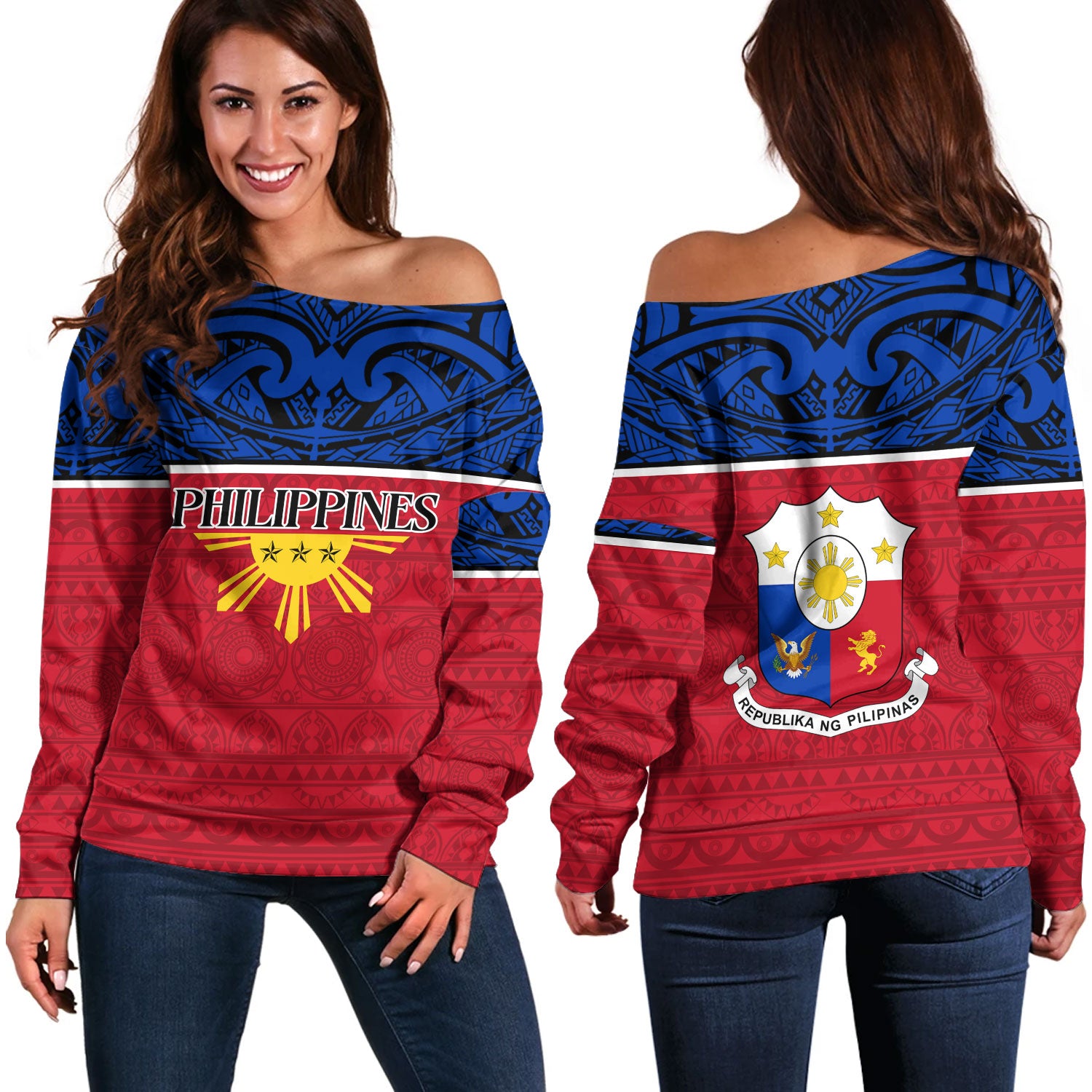 Philippines Filipinos Custom Personalised Off Shoulder Sweatshirt Coat Of Arms Tribal Patterns Style