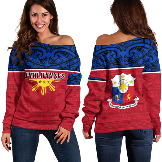 Philippines Filipinos Custom Personalised Off Shoulder Sweatshirt Coat Of Arms Tribal Patterns Style
