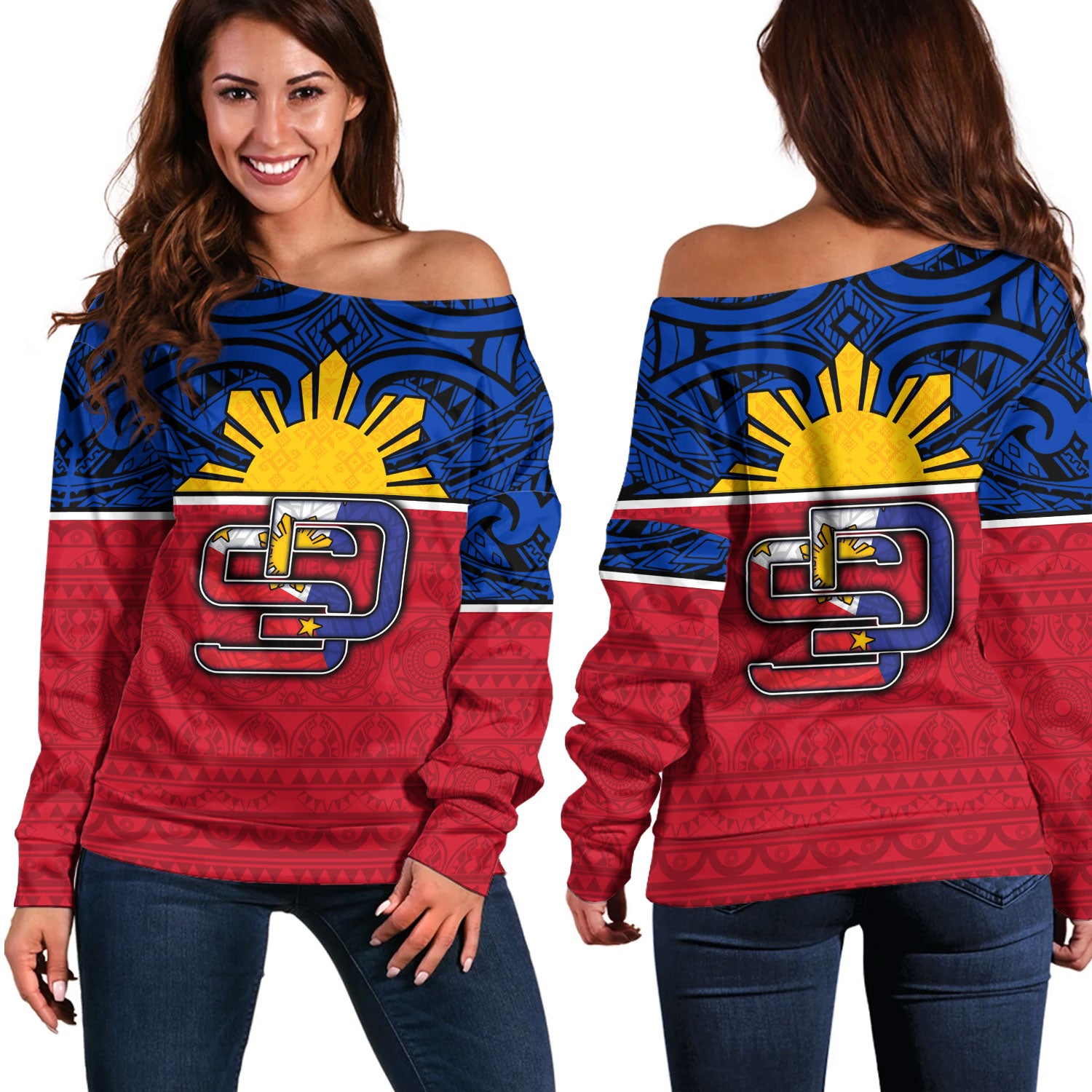 Philippines Filipinos Custom Personalised Off Shoulder Sweatshirt San Diego Tribal Patterns Style