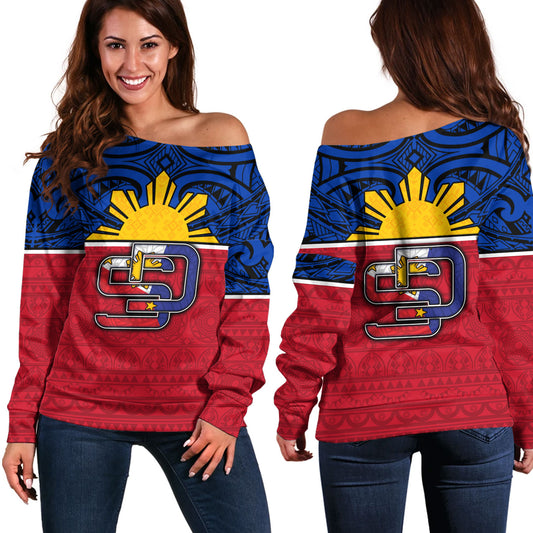 Philippines Filipinos Custom Personalised Off Shoulder Sweatshirt San Diego Tribal Patterns Style