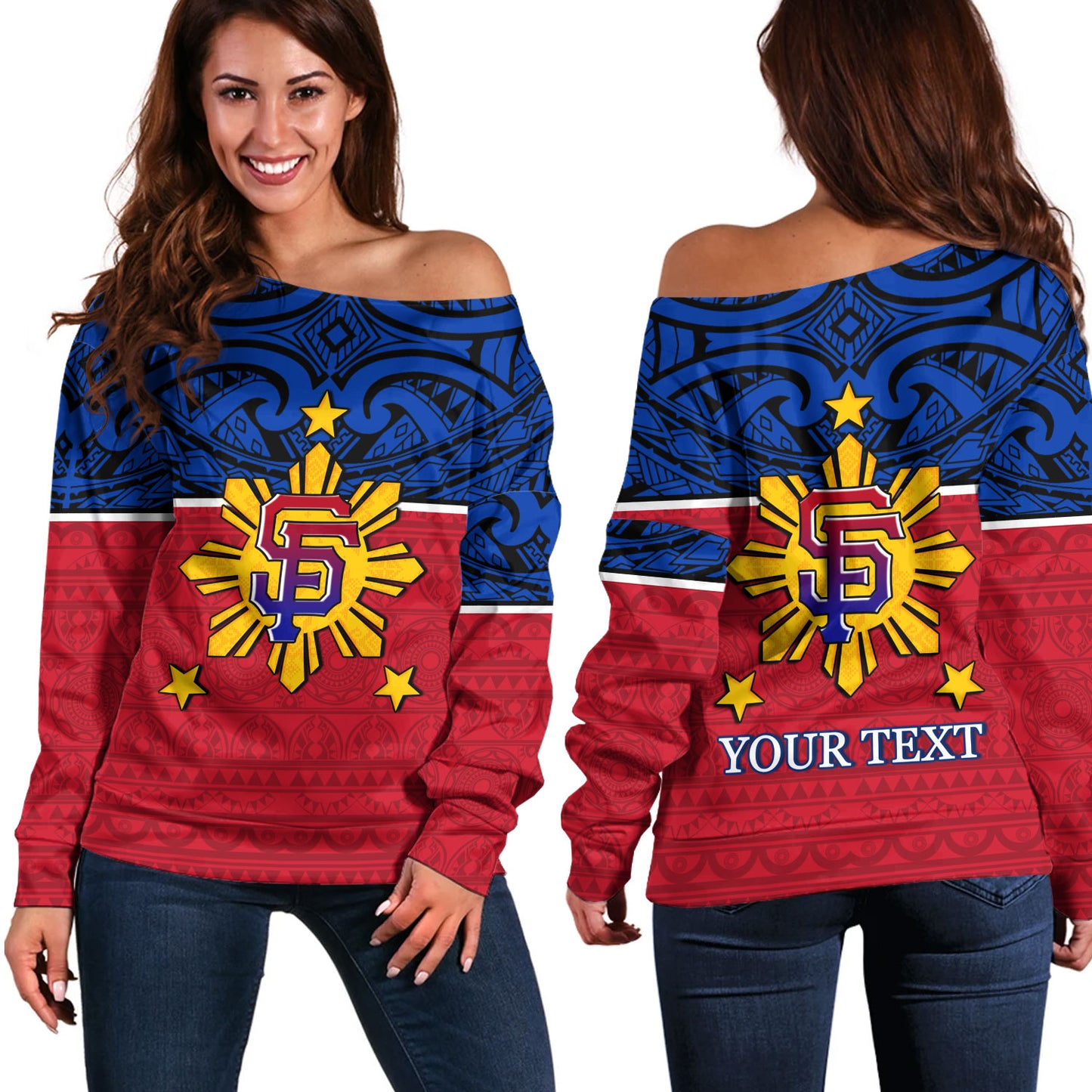 Philippines Filipinos Custom Personalised Off Shoulder Sweatshirt San Francisco Tribal Patterns Style