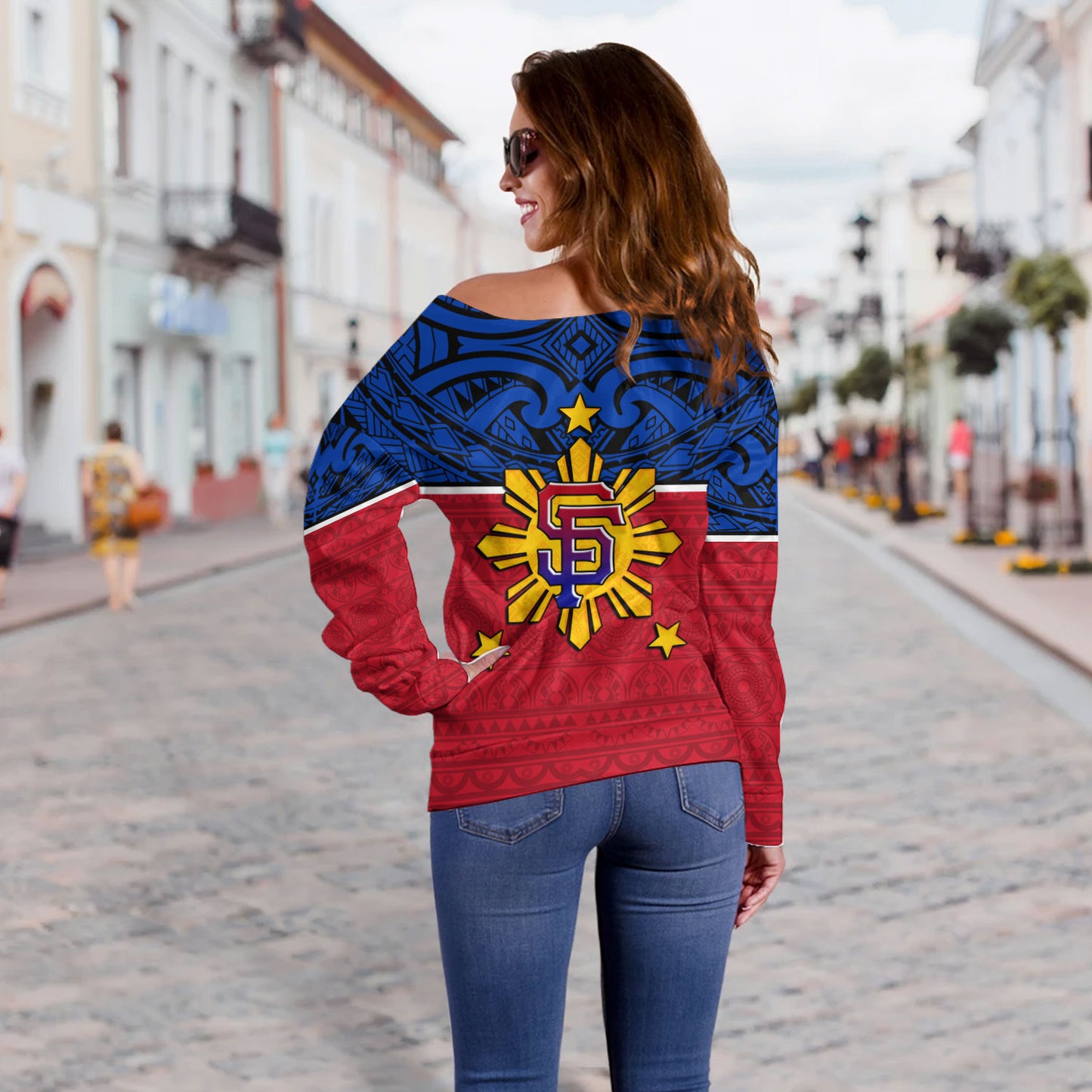 Philippines Filipinos Custom Personalised Off Shoulder Sweatshirt San Francisco Tribal Patterns Style