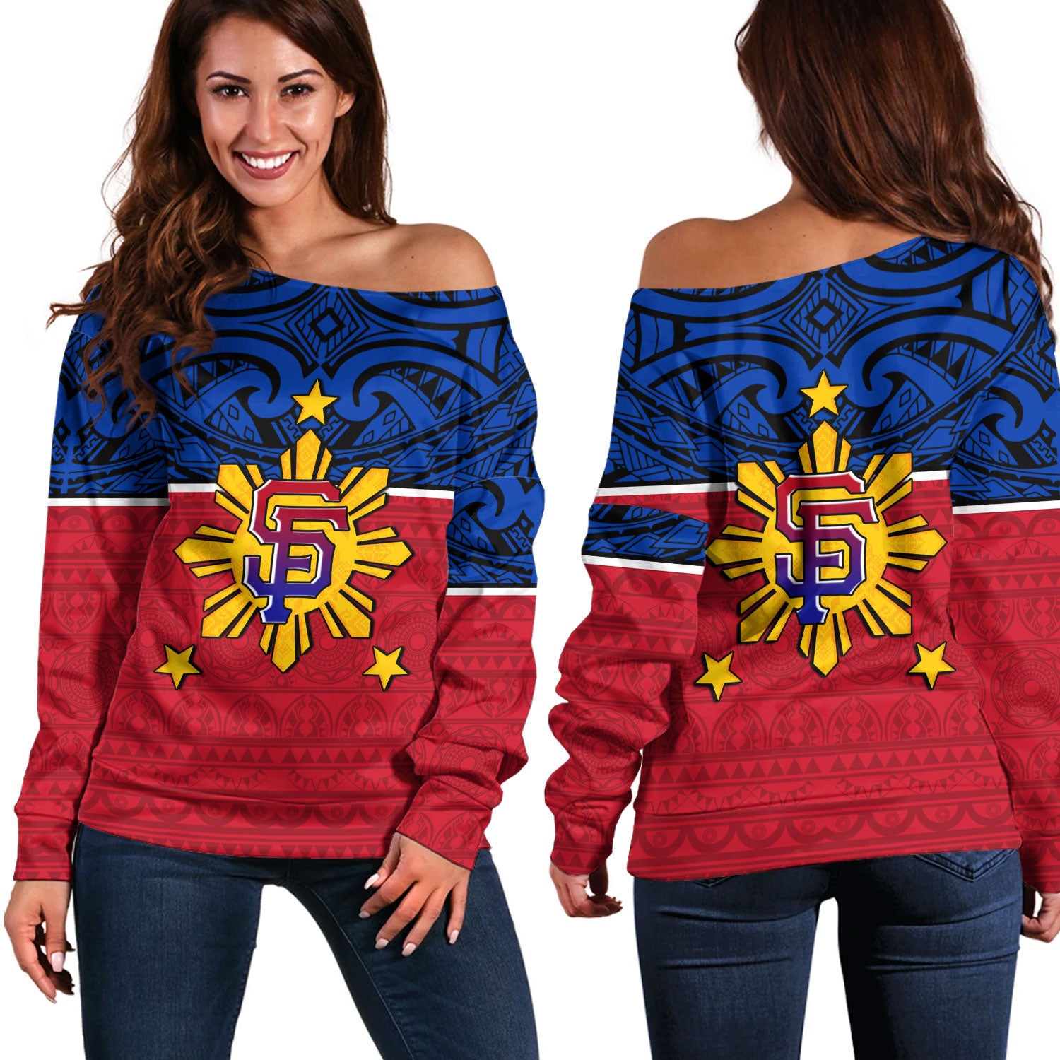 Philippines Filipinos Custom Personalised Off Shoulder Sweatshirt San Francisco Tribal Patterns Style