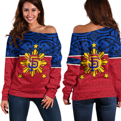 Philippines Filipinos Custom Personalised Off Shoulder Sweatshirt San Francisco Tribal Patterns Style