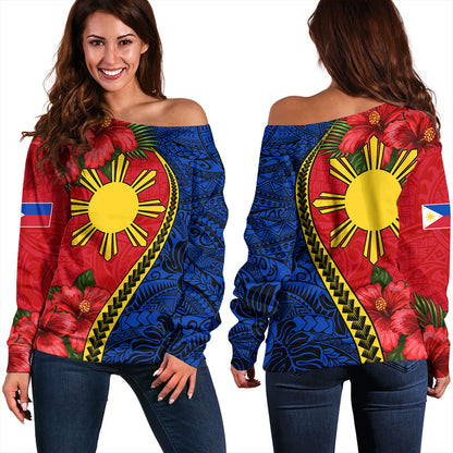 Philippines Filipinos Off Shoulder Sweatshirt Tribal Polynesian With Hibiscus Flower