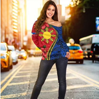 Philippines Filipinos Off Shoulder Sweatshirt Tribal Polynesian With Hibiscus Flower