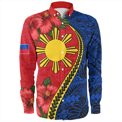 Philippines Filipinos Long Sleeve Shirt Tribal Polynesian With Hibiscus Flower