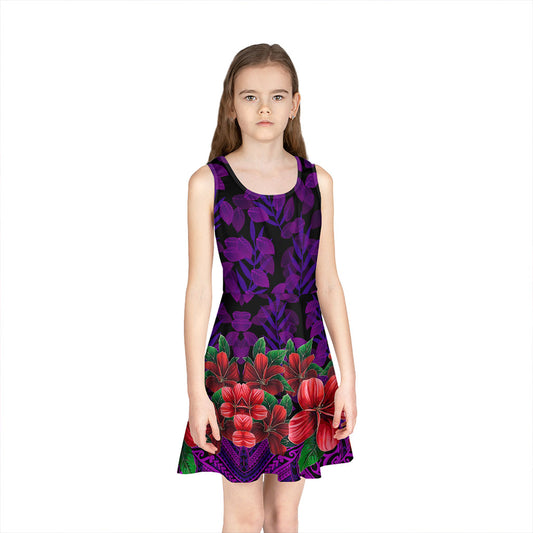 Hawaii Girls Sleeveless Sundress Plumeria Tropical Leaf