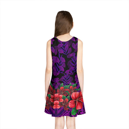 Hawaii Girls Sleeveless Sundress Plumeria Tropical Leaf