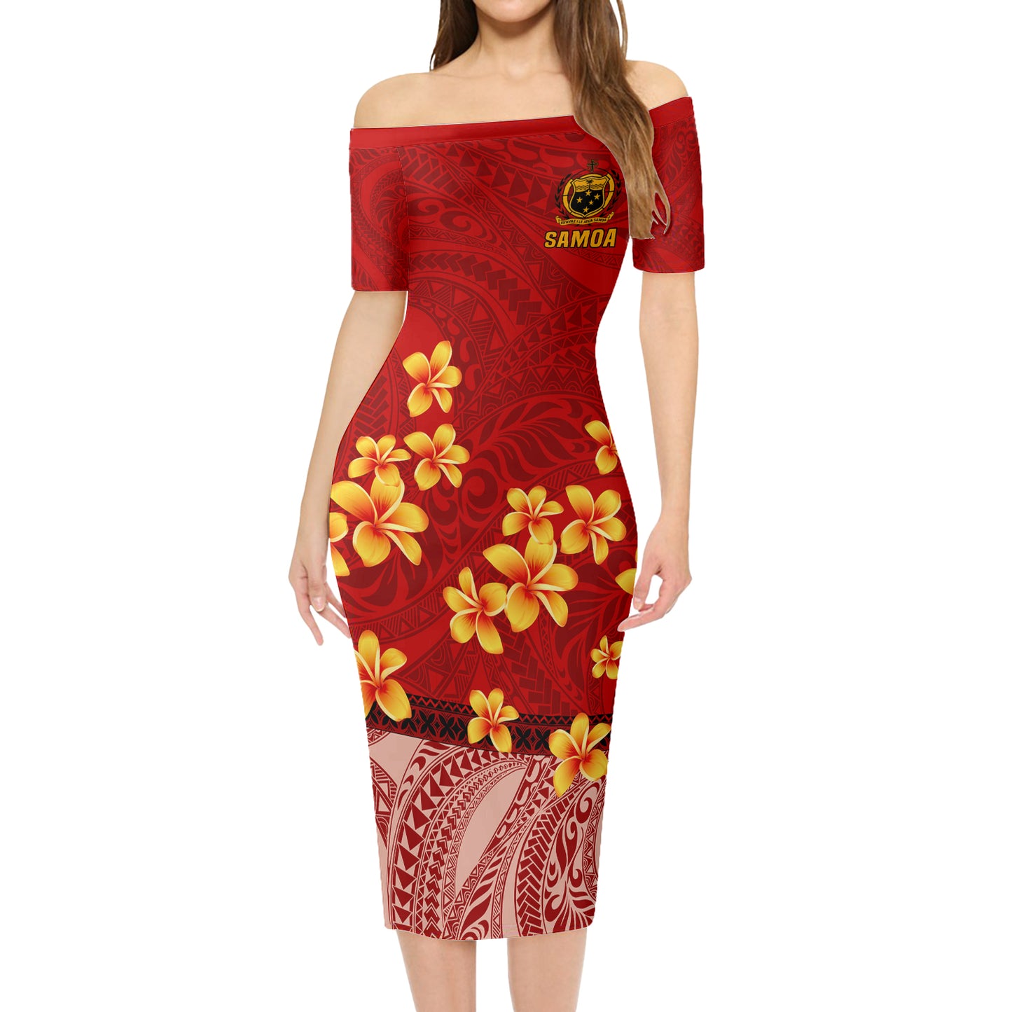 Samoa Combo Short Sleeve Dress And Shirt Plumeria Flower Fabric Design