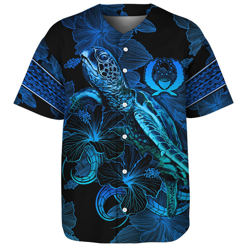 Pohnpei State Baseball Shirt Sea Turtle With Blooming Hibiscus Flowers Tribal Blue