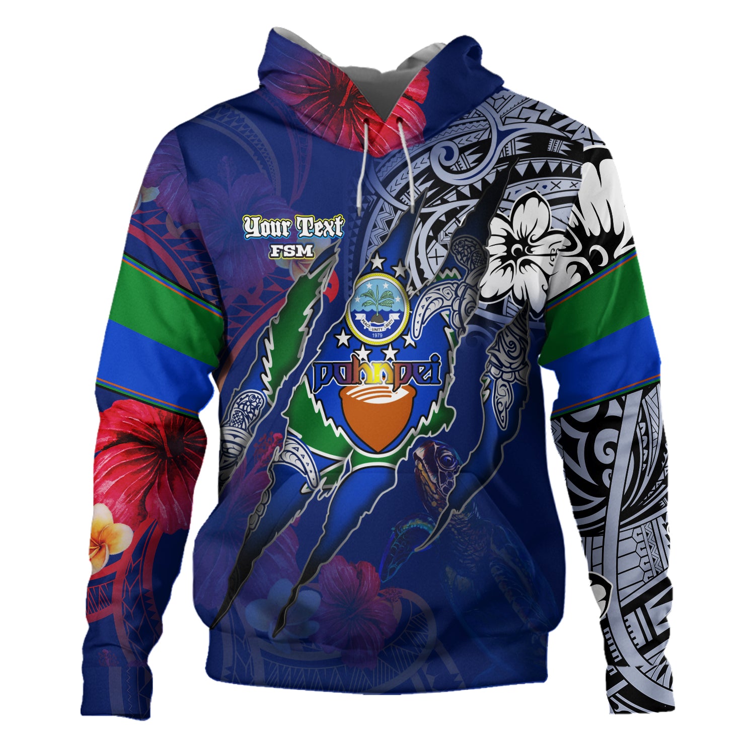 Pohnpei State Hoodie Custom Pohnpeian Blood Inside Me Polynesian Sleeve Tattoo Tropical Blue