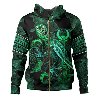 Pohnpei State Hoodie  Sea Turtle With Blooming Hibiscus Flowers Tribal Green