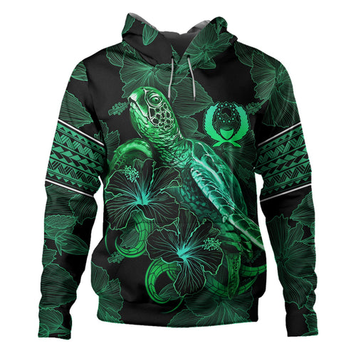 Pohnpei State Hoodie  Sea Turtle With Blooming Hibiscus Flowers Tribal Green