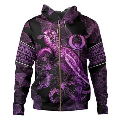 Pohnpei State Hoodie Sea Turtle With Blooming Hibiscus Flowers Tribal Purple