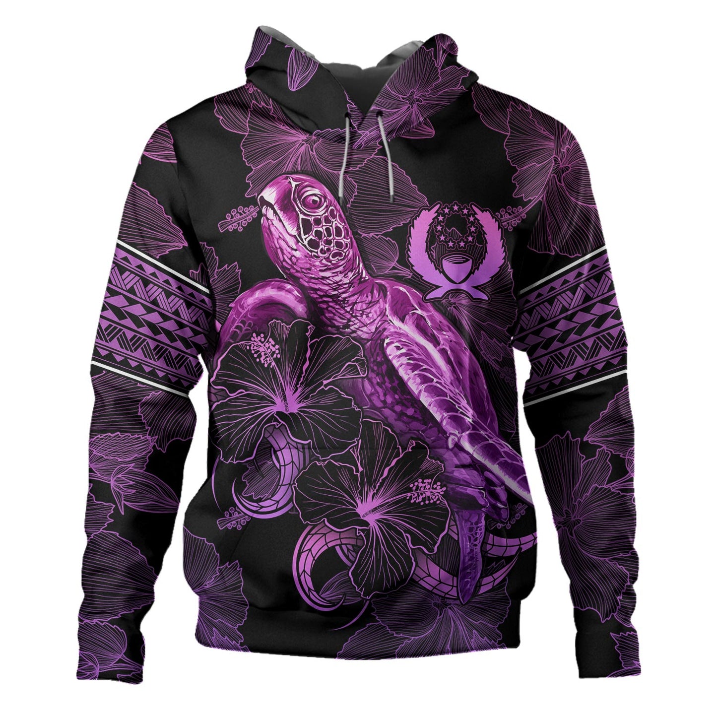 Pohnpei State Hoodie Sea Turtle With Blooming Hibiscus Flowers Tribal Purple