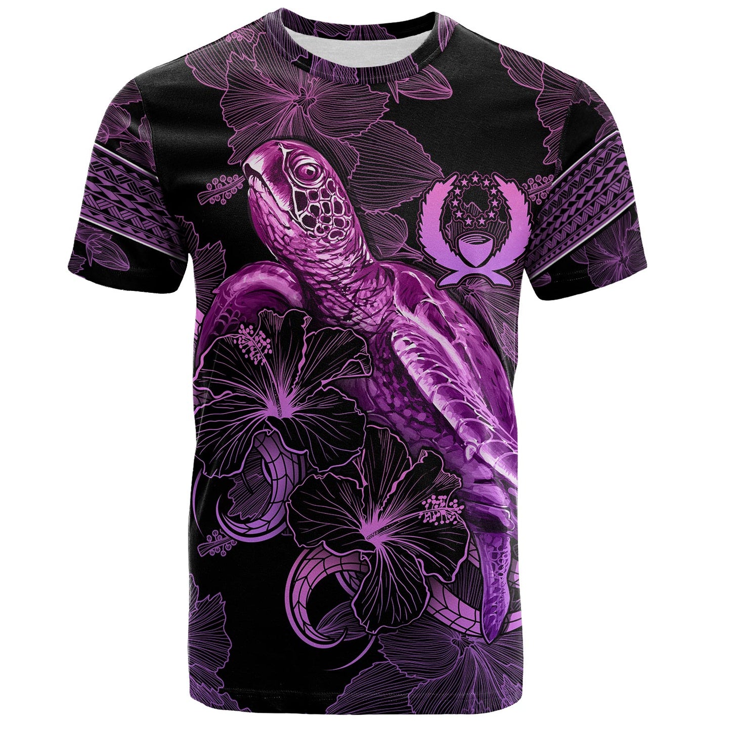 Pohnpei State T-Shirt Sea Turtle With Blooming Hibiscus Flowers Tribal Purple