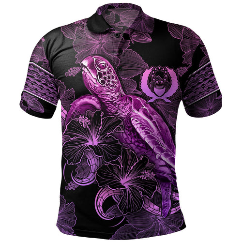 Pohnpei State Polo Shirt Sea Turtle With Blooming Hibiscus Flowers Tribal Purple