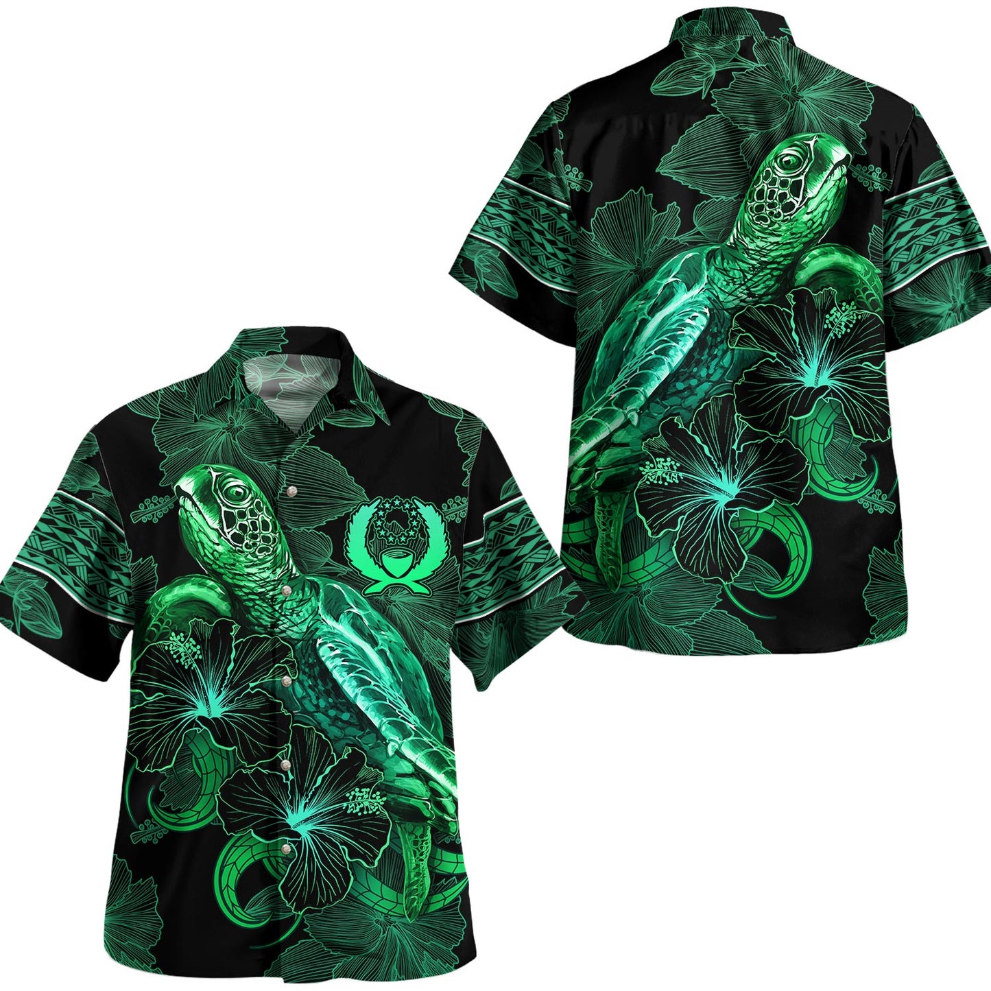 Pohnpei State Hawaiian Shirt  Sea Turtle With Blooming Hibiscus Flowers Tribal Green