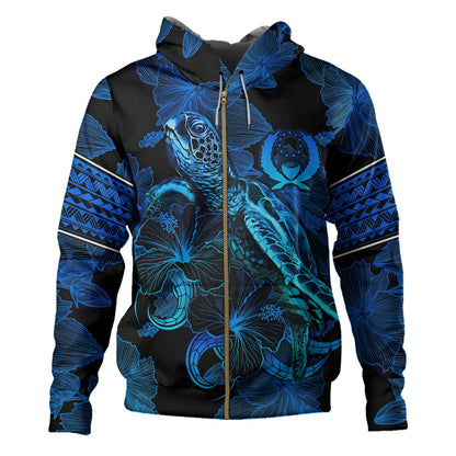 Pohnpei State Hoodie Sea Turtle With Blooming Hibiscus Flowers Tribal Blue
