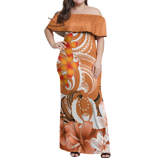 Pohnpei Woman Off Shoulder Long Dress Polynesian Floral Spirit Orange