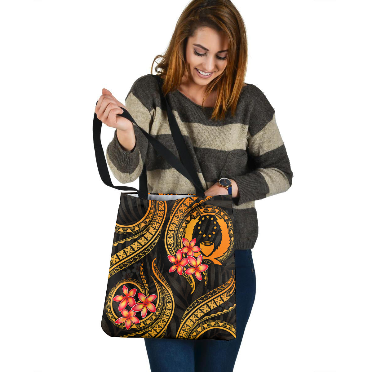 Pohnpei Tote Bag Gold Polynesian Pattern Plumeria