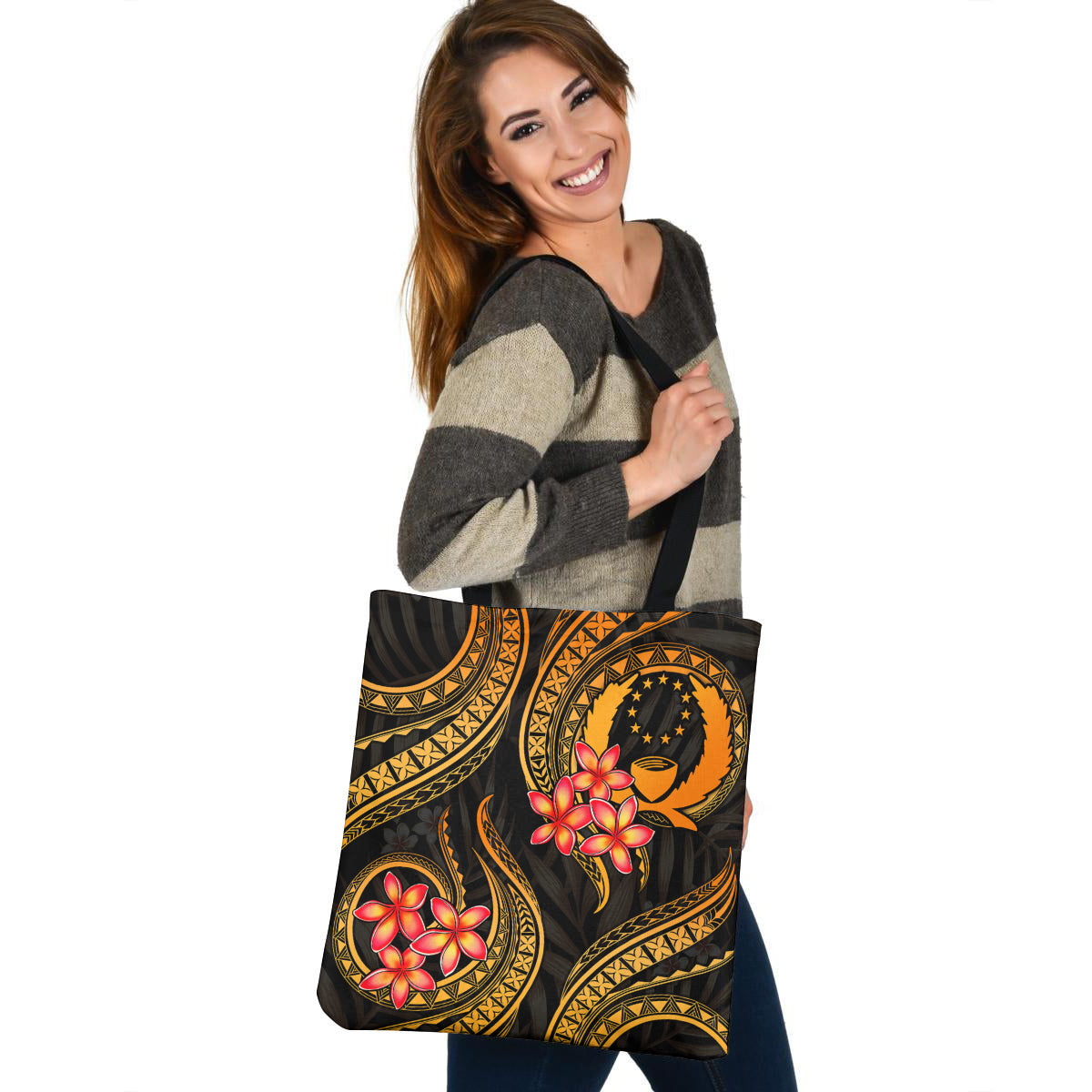 Pohnpei Tote Bag Gold Polynesian Pattern Plumeria