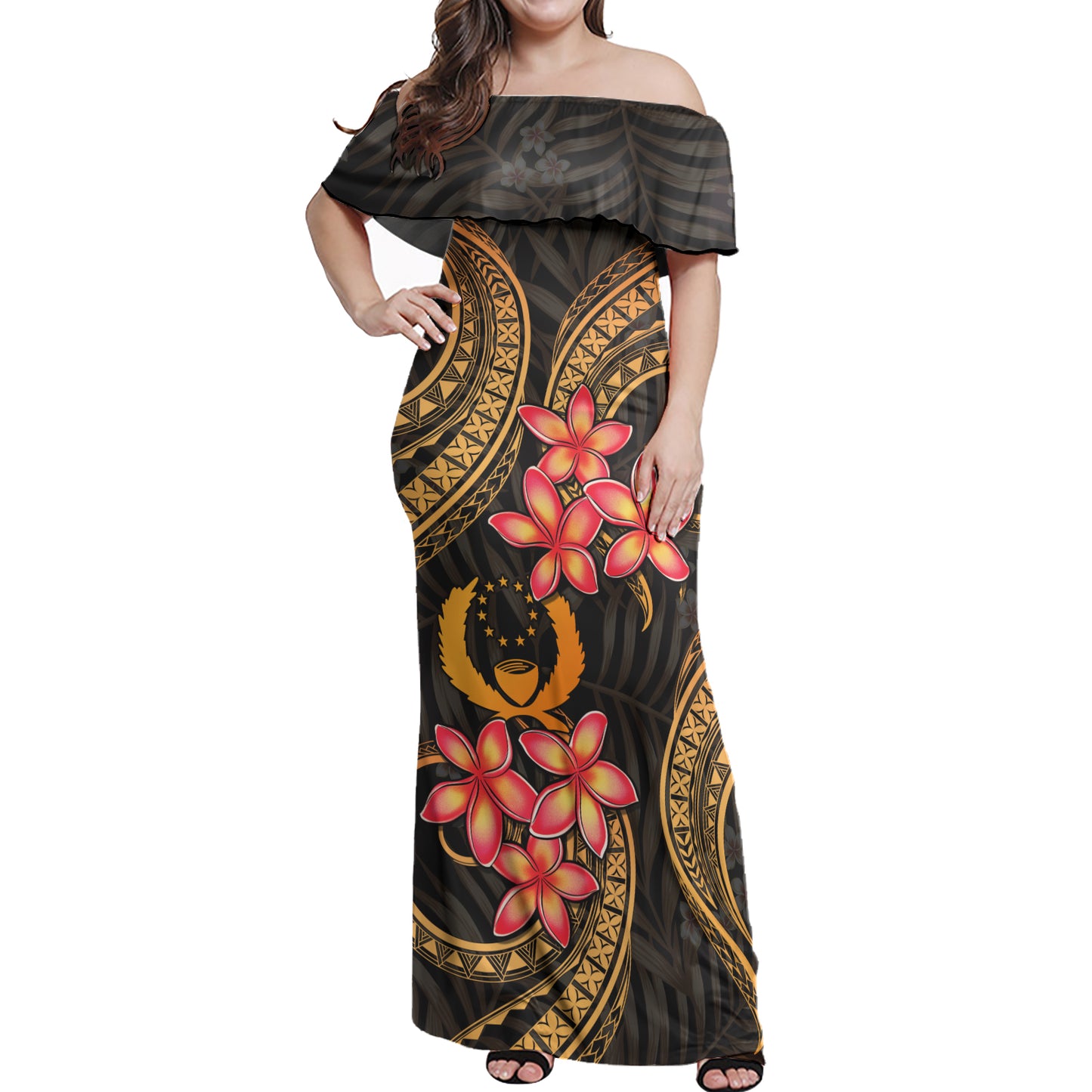 Pohnpei Polynesian Pattern Combo Dress And Shirt Gold Plumeria