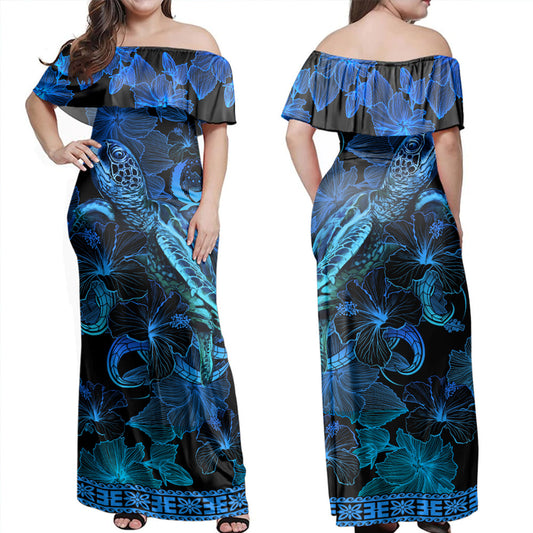 Pohnpei State Off Shoulder Long Dress Sea Turtle With Blooming Hibiscus Flowers Tribal Blue