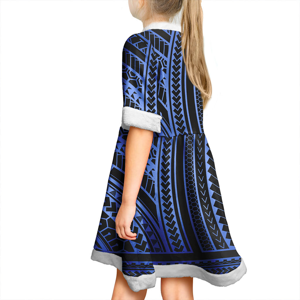 Hawaii Women and Kid Christmas Dress Polynesia Pattern Blue