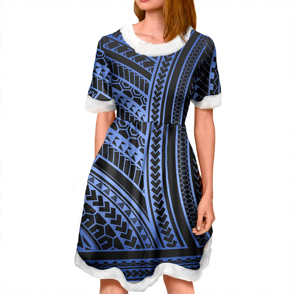 Hawaii Women and Kid Christmas Dress Polynesia Pattern Blue