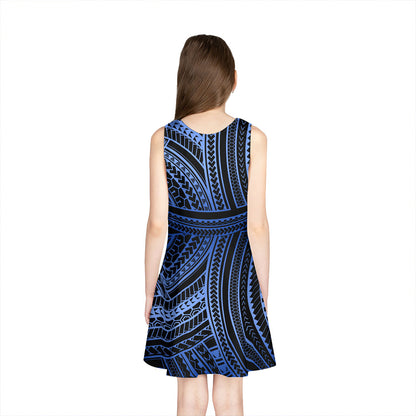 Hawaii Girls Sleeveless Sundress Polynesia Pattern Tattoo Blue