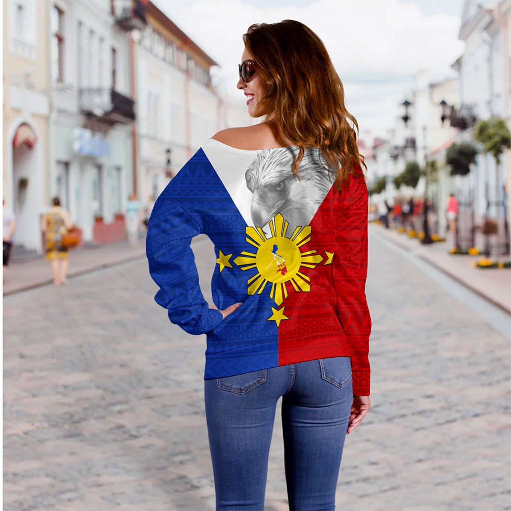 Philippines Filipinos Off Shoulder Sweatshirt Polynesia Tribal Flag Eagles