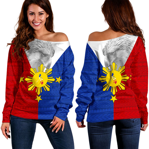 Philippines Filipinos Off Shoulder Sweatshirt Polynesia Tribal Flag Eagles