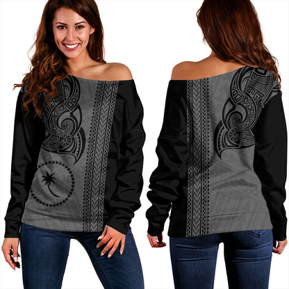 Chuuk State Off Shoulder Sweatshirt Polynesia Coat Of Arms Tribal Tattoo