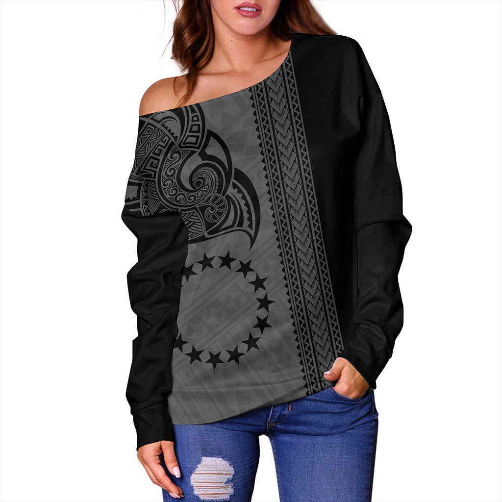 Cook Islands Off Shoulder Sweatshirt Polynesian Coat Of Arms Tribal Tattoo