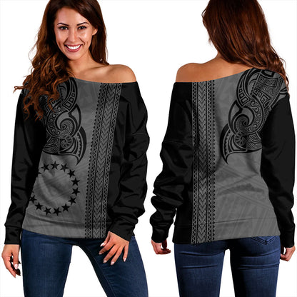 Cook Islands Off Shoulder Sweatshirt Polynesian Coat Of Arms Tribal Tattoo