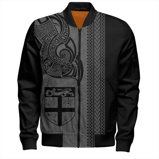 Fiji Bomber Jacket Polynesia Tribal Tattoo Grey