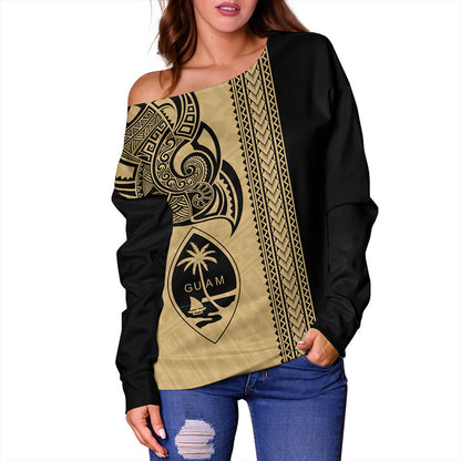 Guam Off Shoulder Sweatshirt Polynesia Tribal Tattoo Gold
