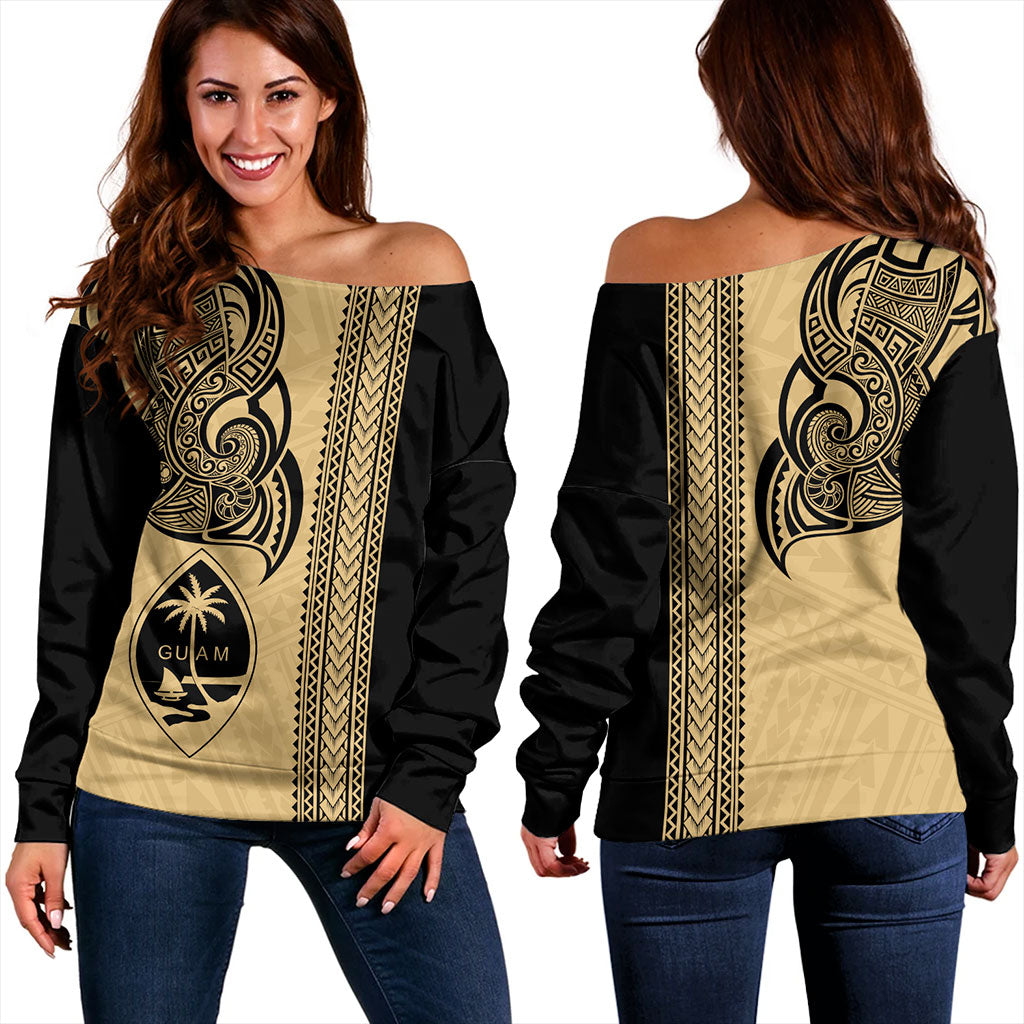 Guam Off Shoulder Sweatshirt Polynesia Tribal Tattoo Gold